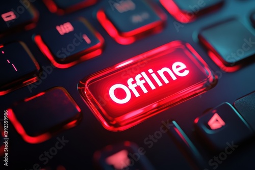 Glowing red offline key on futuristic keyboard illuminates dark surroundings with vivid light