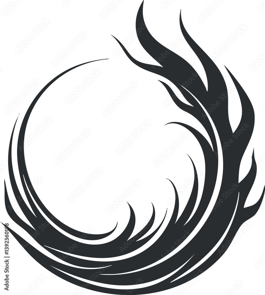 Abstract black swirl forming a circular pattern with dynamic curves and flowing design elements. Abstract black swirl forming a circular pattern with dynamic curves and flowing design elements.