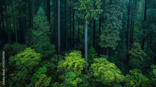 Lush Green Forest Canopy. Dense Nature Landscape in Vibrant Colors