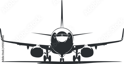 Silhouette of an airplane seen from the front, depicting aviation and transportation themes.