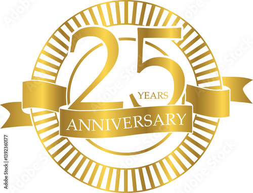 25th anniversary emblem in gradient gold color. 25 yer icon isolated on a transparent background
