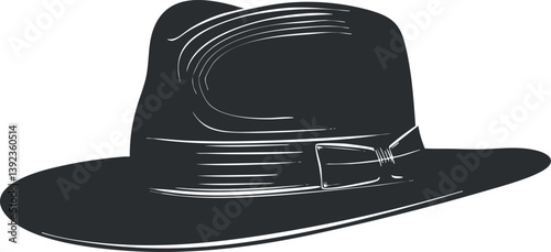 Black and white illustration of a classic fedora hat with a ribbon band.