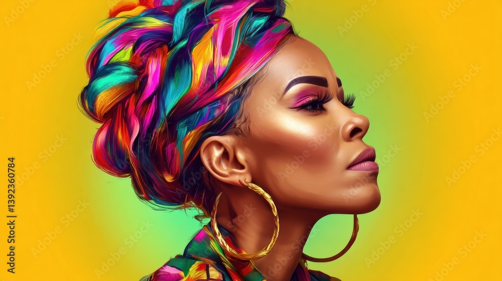 Naklejka premium A stylish portrait of a woman wearing a vibrant, multicolored headwrap and large gold hoop earrings, set against a gradient background.