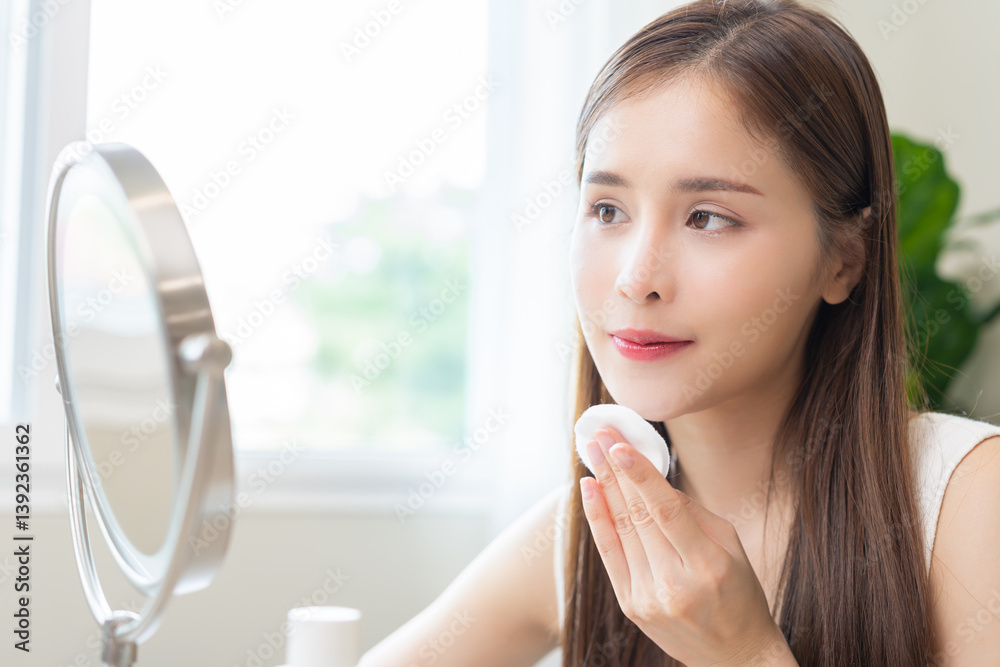 Remove makeup, attractive asian young woman, girl looking into mirror, hand holding cotton pad, apply facial wipe cleaning on her skin face, essence or lotion for treatment, skin care routine at home. Remove makeup, attractive asian young woman, girl looking into mirror, hand holding cotton pad, apply facial wipe cleaning on her skin face, essence or lotion for treatment, skin care routine at home.