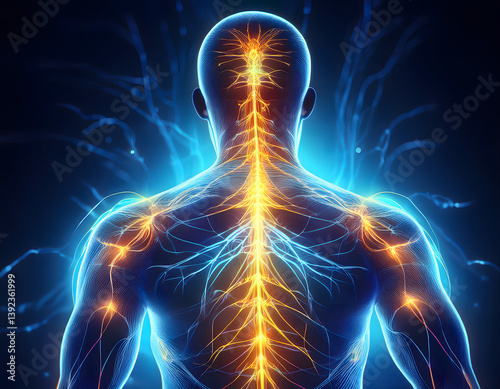 Glowing nerves and spine sending electrical signals through human body