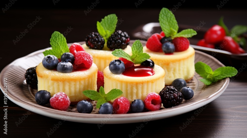 A plate of small mini cheesecakes topped with fresh berries and mint leaves A plate of small mini cheesecakes topped with fresh berries and mint leaves