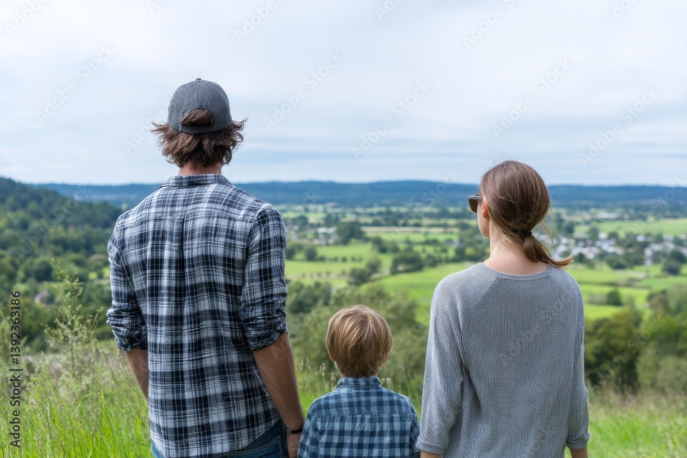 A happy family is taking pleasure in the stunning scenery outside in a field A happy family is taking pleasure in the stunning scenery outside in a field