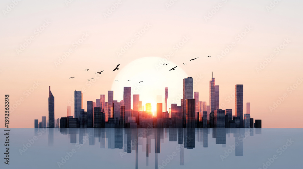 Stunning Cityscape at Sunset with Birds in Flight Reflecting in Calm Waters Stunning Cityscape at Sunset with Birds in Flight Reflecting in Calm Waters