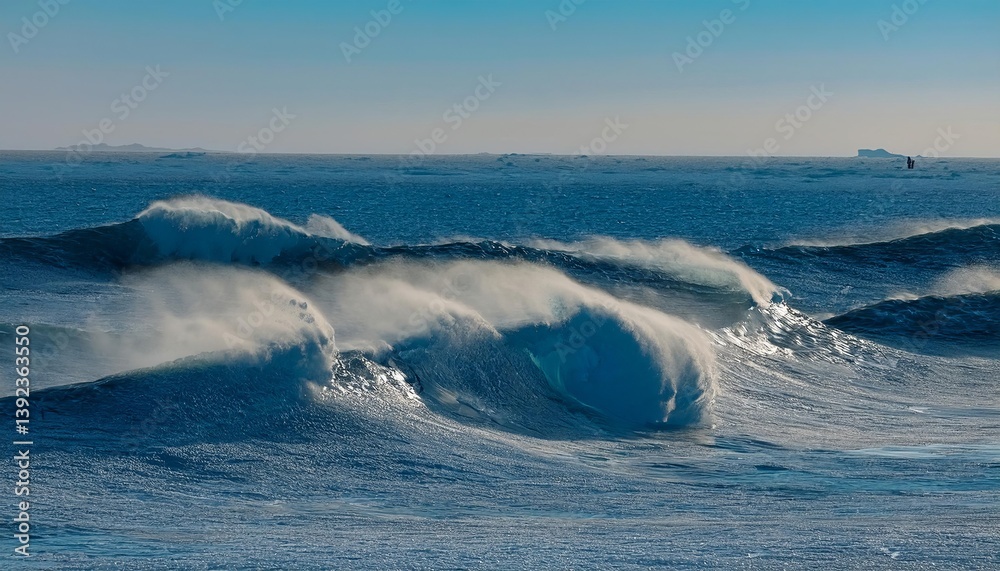 Powerful ocean waves crashing in the arctic ocean with icebergs in the background