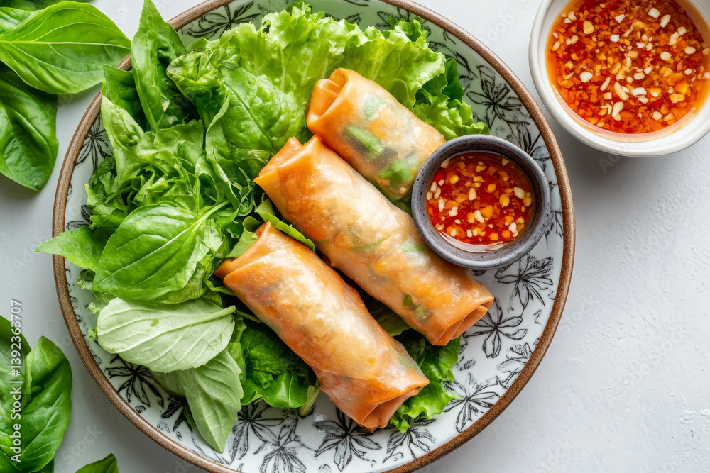 Delicious Crispy Spring Rolls Served with Fresh Lettuce and Spicy Chili Sauce Delicious Crispy Spring Rolls Served with Fresh Lettuce and Spicy Chili Sauce