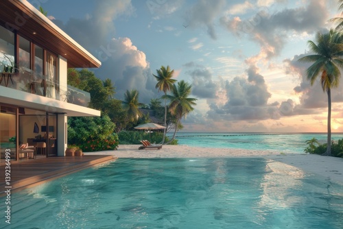 Luxurious beachfront villa with pool and tropical landscape during sunset in a serene tropical destination
