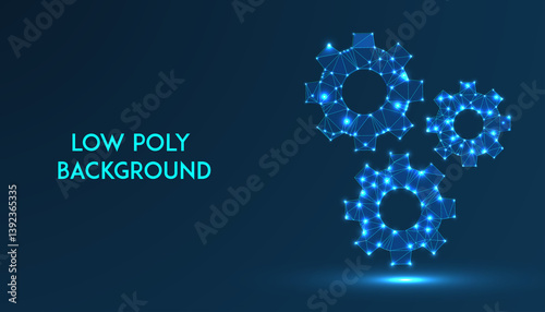 Low Polygonal vector illustration of a mechanism, Gear, Setting icon isolated on a blue background	