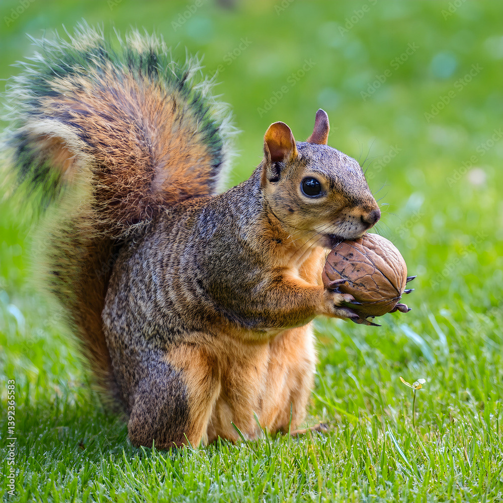 Fototapeta premium Squirrel eating walnut on grass in park during daytime