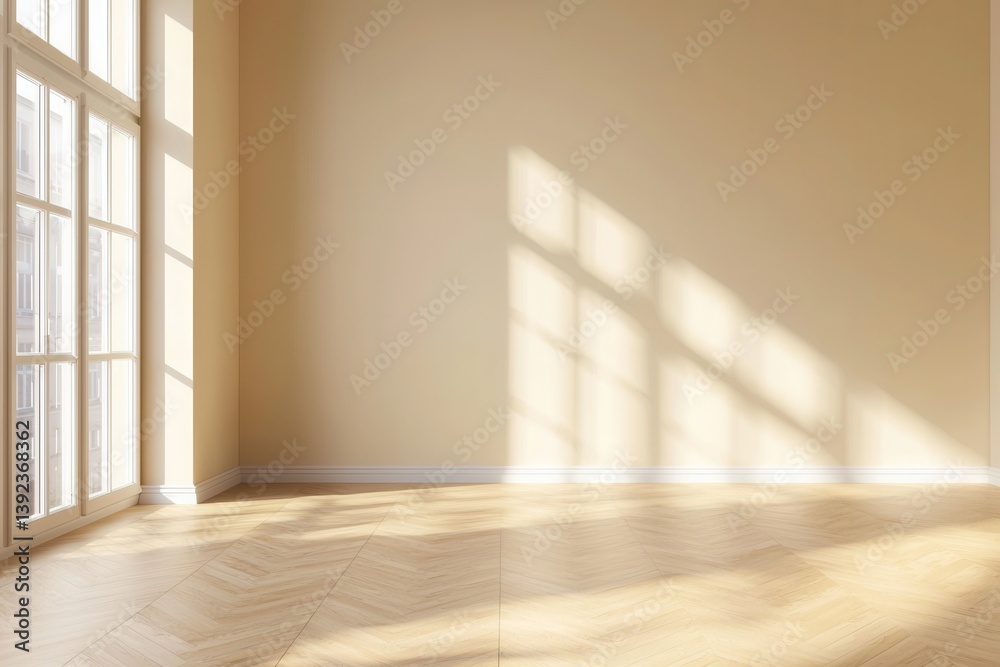 Obraz premium Sunlit, empty room with warm yellow walls and herringbone wood flooring. White window frames cast dramatic shadows. Minimalist and inviting