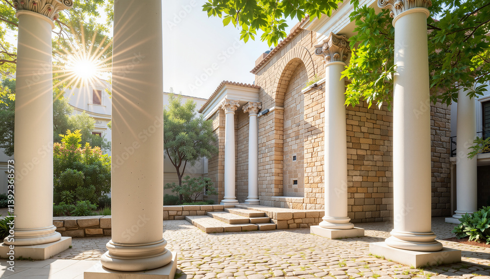 Naklejka premium Classic architecture with sun rays illuminating stone columns