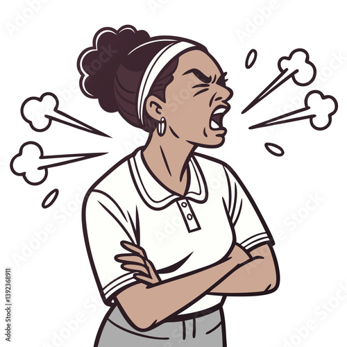 Furious Woman with Steam from Ears and Crossed Arms on Transparent Background. Perfect for: Argument Scenes, Mood Illustrations, Emotion Icons