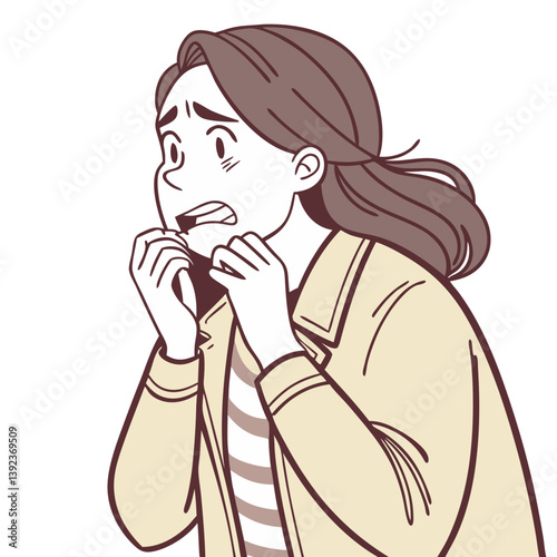 Anxious Young Woman Biting Lip and Twiddling Fingers. Perfect for: mental health awareness, teen drama themes