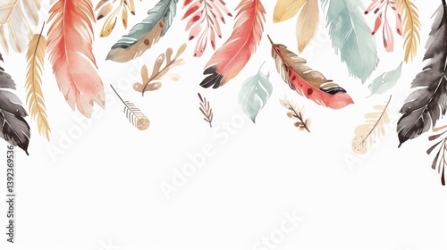 Watercolor Feather Border Illustration on White Background