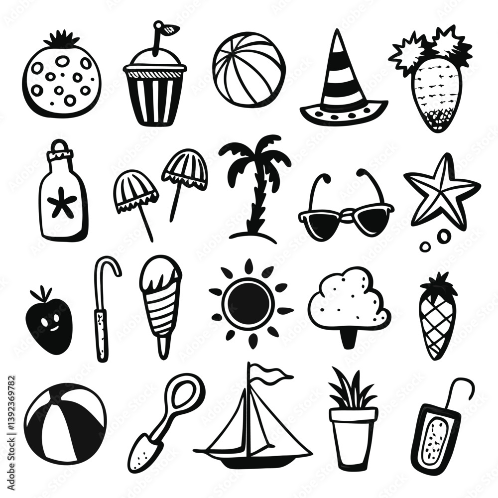 Fototapeta premium Summer Doodle Icon Set, Hand Drawn Black and White Collection