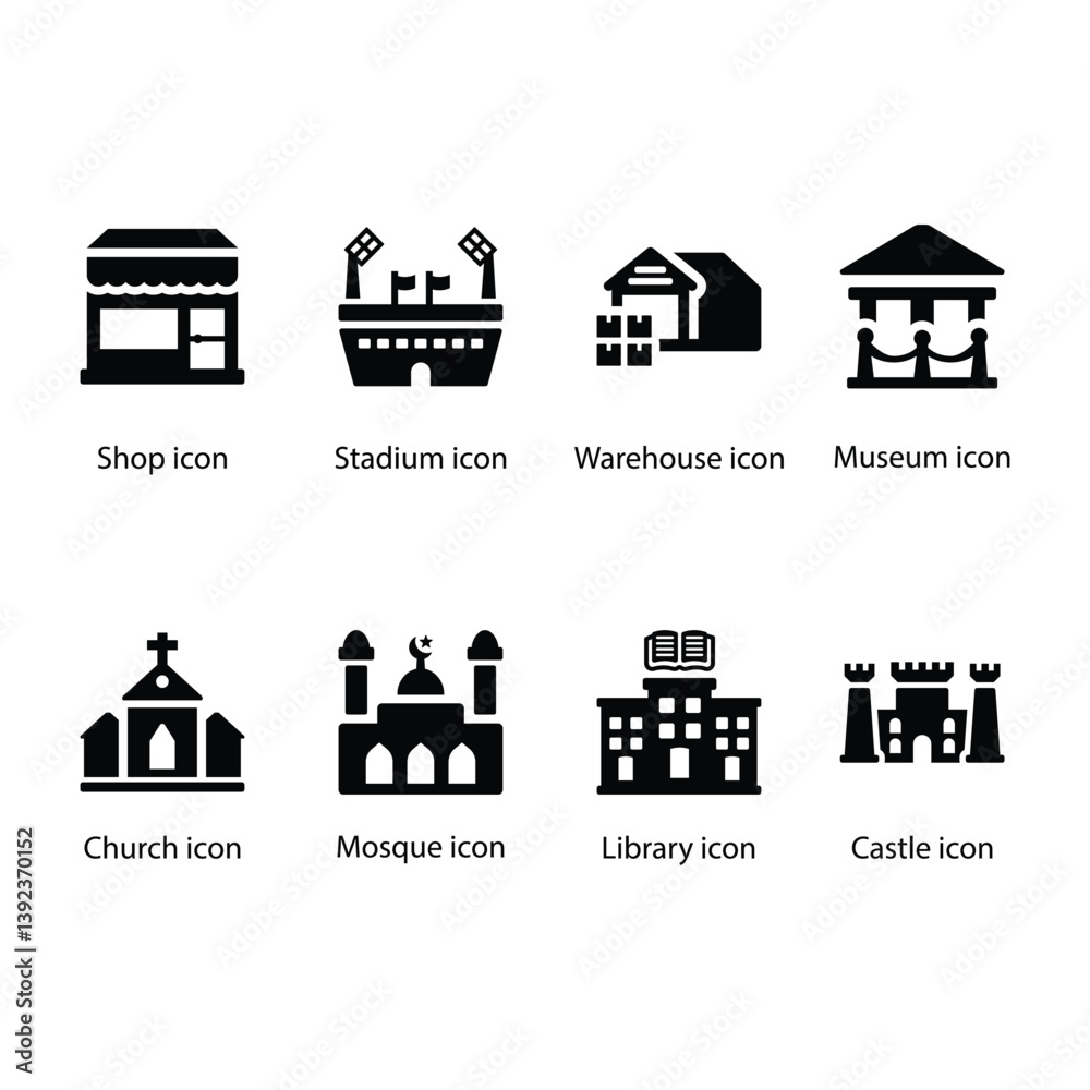 Fototapeta premium Shop, Stadium, Warehouse, Museum, Church, Mosque, Library, Castle, Black Icon Set