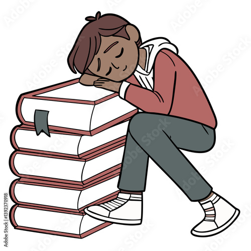 Sleepy Student on Books Struggling to Stay Awake. Perfect for: back to school, exam season, library promotions, study apps