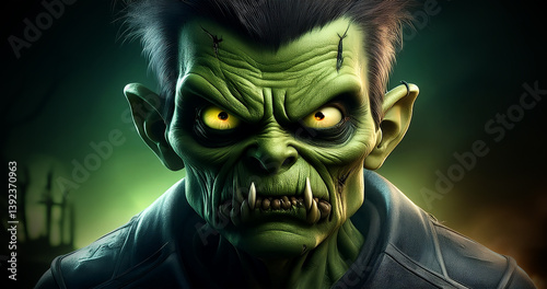 Extreme close-up and front view. Portrait of cartoon character of a scary green Frankenstein monster on dark black background with copy space. Generative Ai.