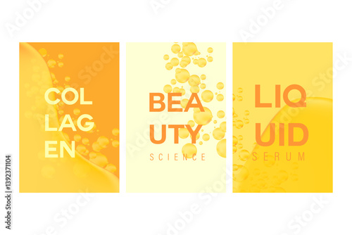 Aesthetic beauty liquid gold oil texture poster set with collagen serum with flowing molecule bubbles cosmetics design. Nude yellow background with copy space. Beauty science, skin care, cosmetology