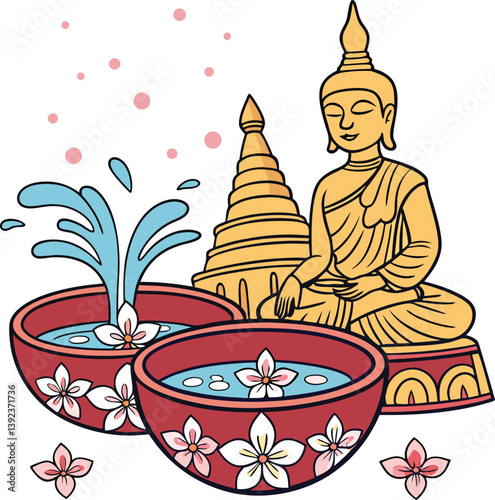 A golden Buddha statue with a stupa behind, in front of two red bowls with water, flowers, and splashing waves, surrounded by pink petals and dots.
