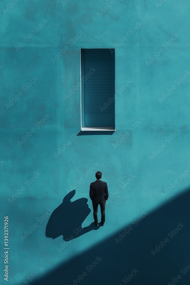 A solitary man stands against a turquoise wall casting an intriguing shadow in a minimalist scene.