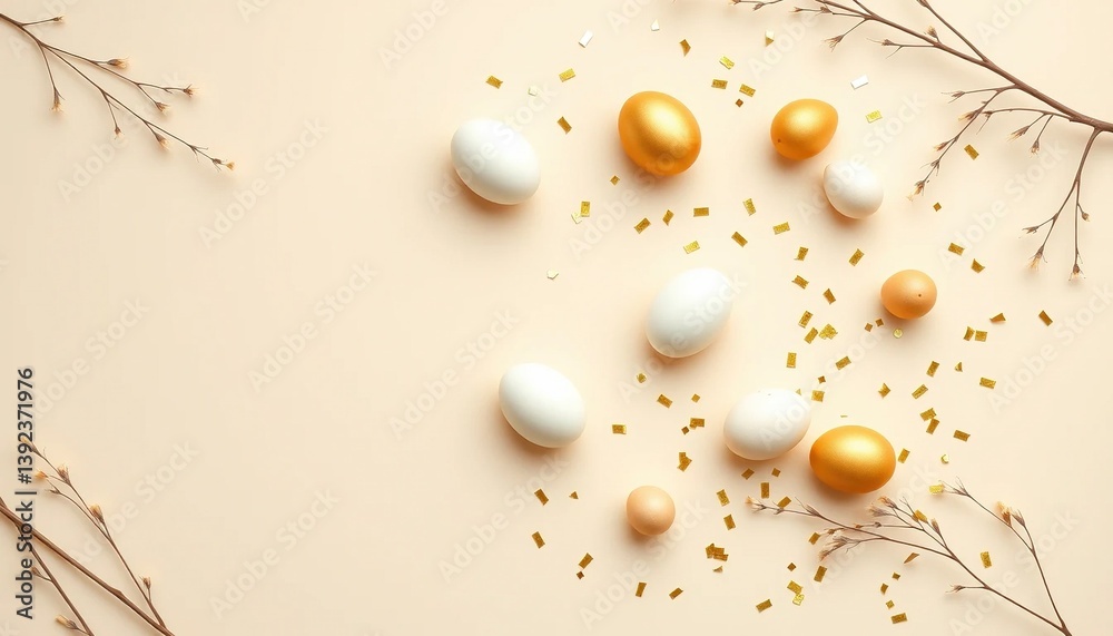 Fototapeta premium Elegant Golden and White Easter Eggs with Confetti on a Beige Backdrop – A Chic Holiday Celebration Display
