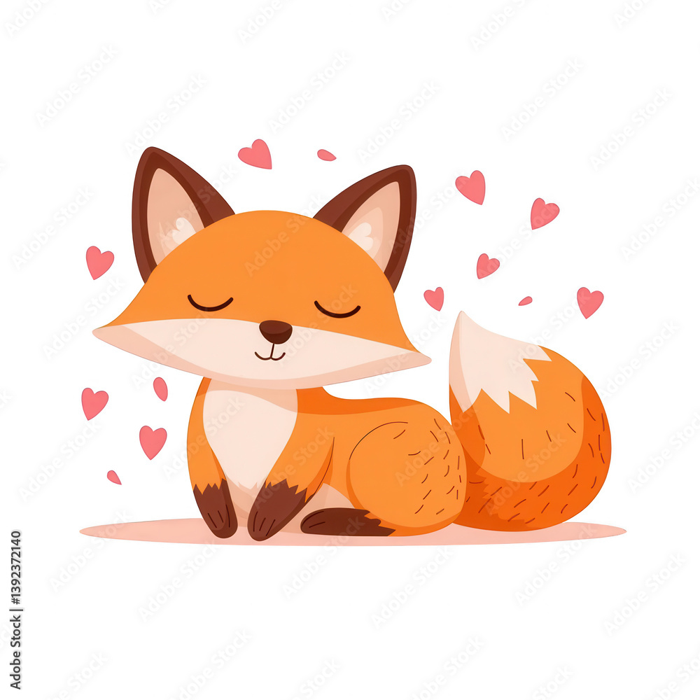 Obraz premium Cute cartoon fox with closed eyes, surrounded by hearts, conveying love and affection. Perfect for children's products and pet-themed designs.