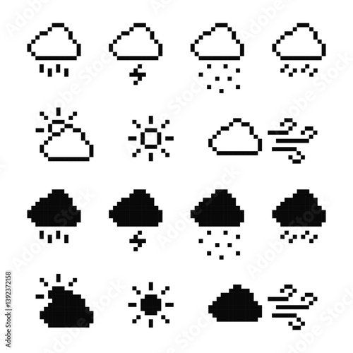Pixel Weather Icon Set Featuring Rain, Sun, Wind, Cloud, and Storm in Both Outline and Filled Styles