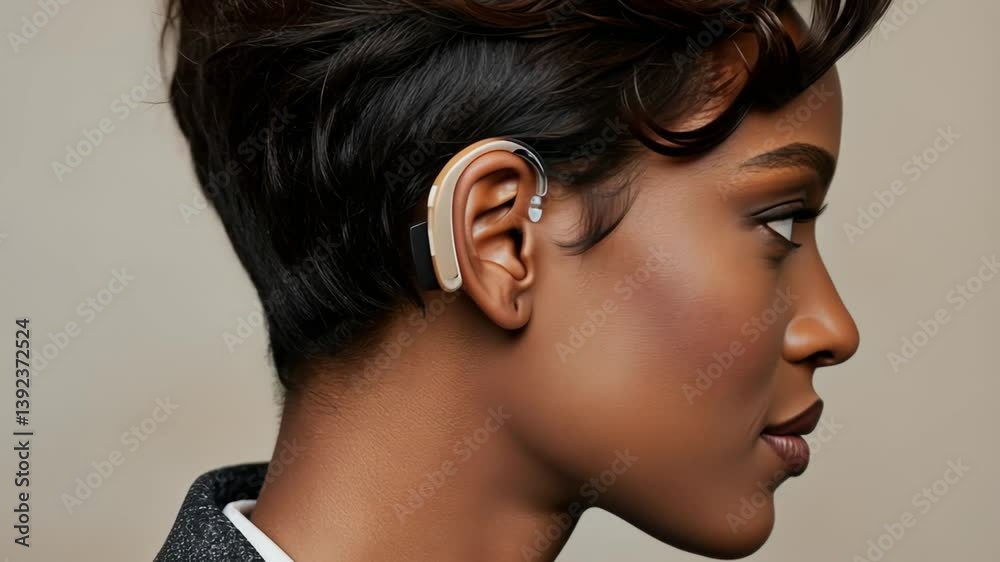 Confident woman with hearing aid in focus transitions from side to forward look Confident woman with hearing aid in focus transitions from side to forward look