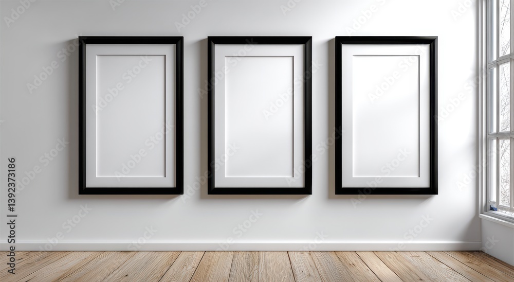 Empty Frame Display in a Room: Three framed images with minimalist aesthetics are hung on a clean wall in a sunlit room, and the neutral tones enhance the focus. Empty Frame Display in a Room: Three framed images with minimalist aesthetics are hung on a clean wall in a sunlit room, and the neutral tones enhance the focus.