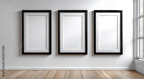 Empty Frame Display in a Room: Three framed images with minimalist aesthetics are hung on a clean wall in a sunlit room, and the neutral tones enhance the focus.