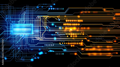 Futuristic concept of a glowing microchip processor sending data through complex circuit pathways.