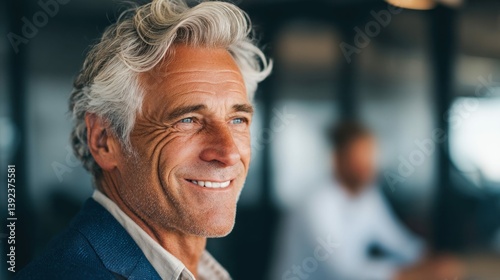 Portrait of a mature, distinguished man smiling with gentle eyes, set against a softly blurred background, enjoying a moment of thought.