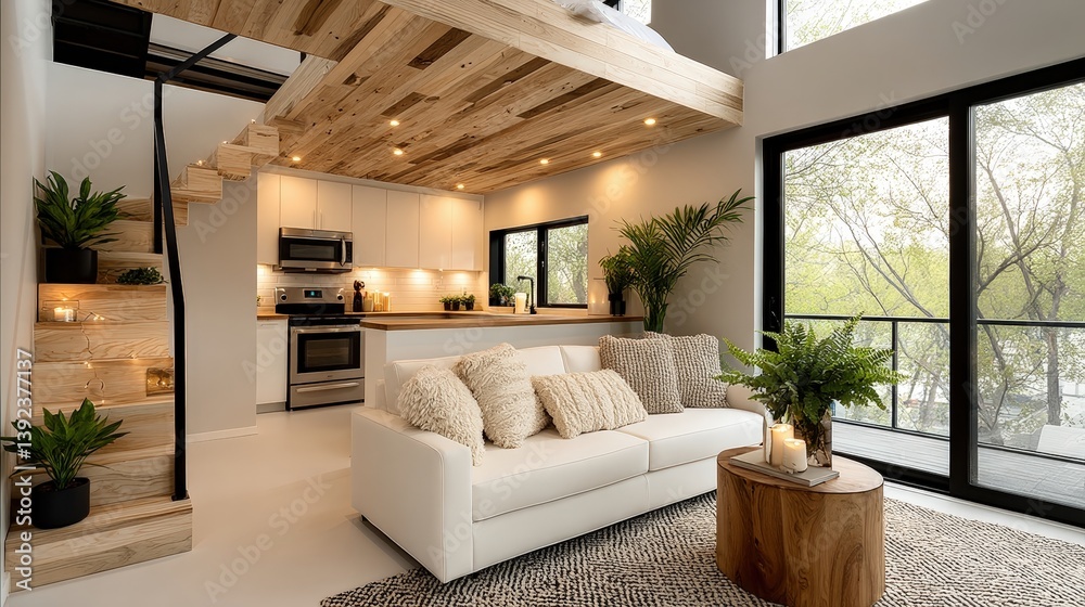 Obraz premium Modern Minimalist Architecture, Cozy modern interior of a small house featuring a loft, minimalist decor, and warm lighting, relaxation and comfort.