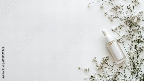 Luxury skincare mockup with glass bottles and blooming flowers on white background for natural beauty branding and product packaging design

