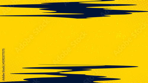 Yellow background with halftone dots and dark bands on both top and bottom.