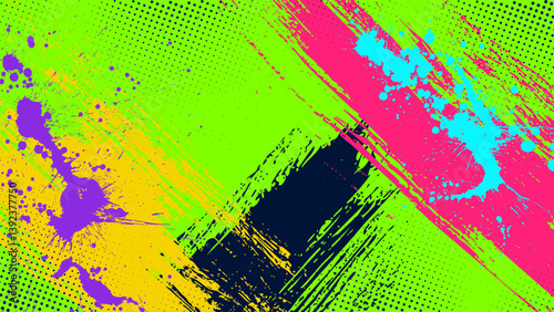 Green background with halftone dots and brush strokes and paint smudges in punk style.