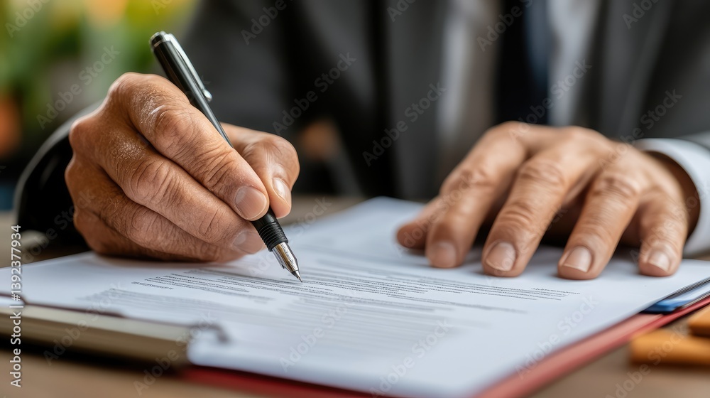 Detailed view of the signing document with the pen in the office Detailed view of the signing document with the pen in the office