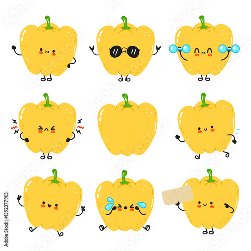Various cartoon yellow bell peppers expressing different moods and actions in a cute and funny way.