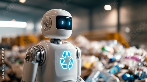 Wallpaper Mural A futuristic robot with a recycling symbol oversees a landfill, symbolizing innovation in waste management and environmental sustainability. Torontodigital.ca