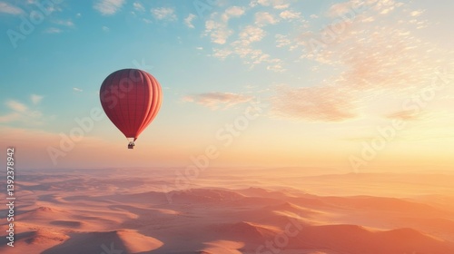 Hot Air Balloon Flying Over Sand Dunes at Dreamy Sunset