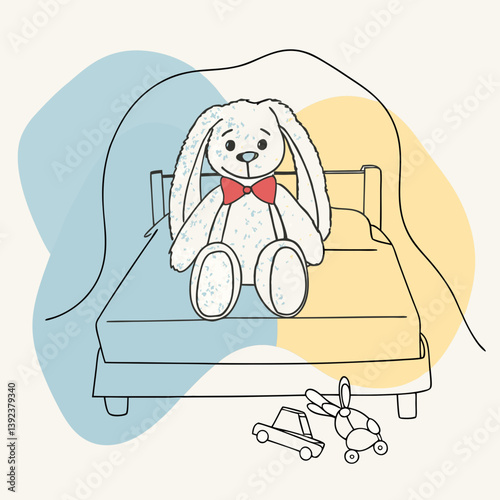 Cute bunny toy sitting on bed with playful elements in background  
