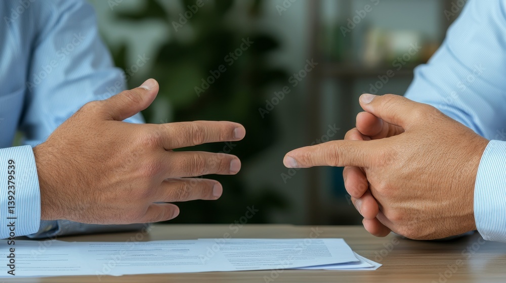 Fototapeta premium Hands in Discussion Over Paperwork with Plants in Background