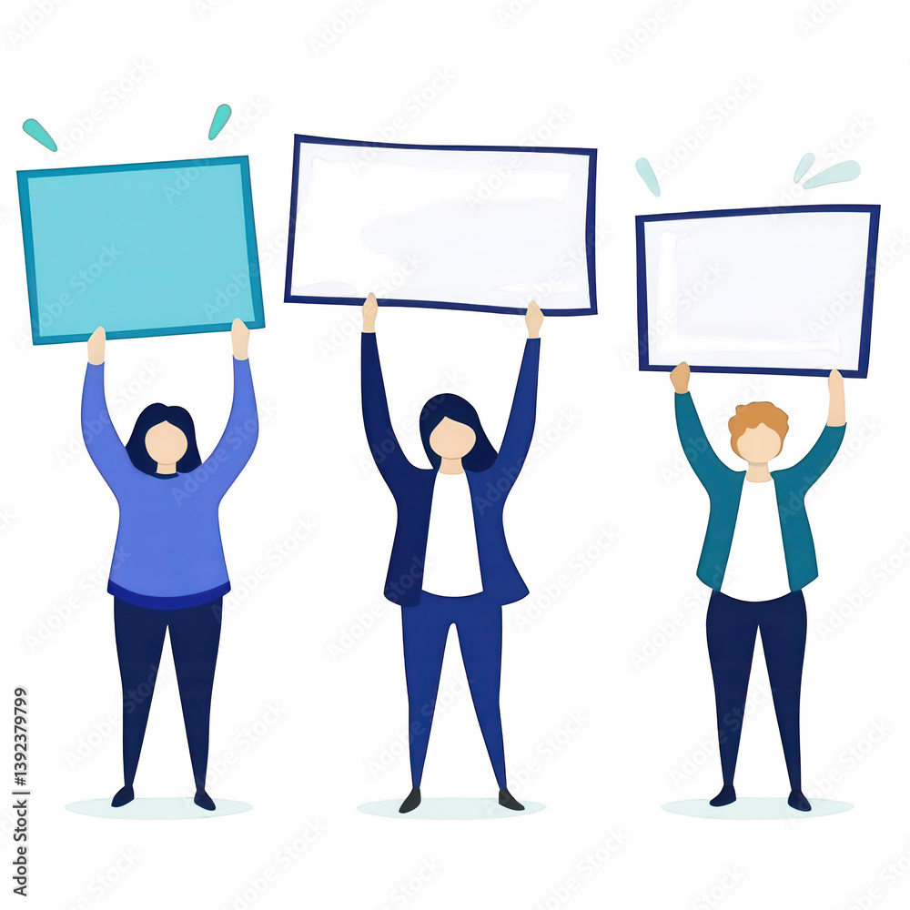 Three diverse individuals holding blank signs above their heads, expressing ideas and creativity in a collaborative environment. Ideal for showcasing teamwork and communication. Three diverse individuals holding blank signs above their heads, expressing ideas and creativity in a collaborative environment. Ideal for showcasing teamwork and communication.