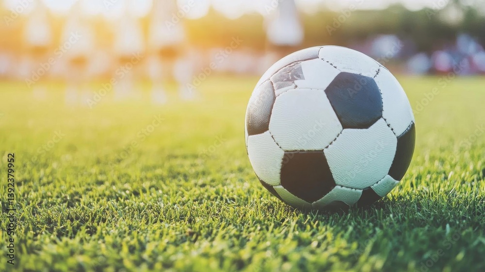 Obraz premium Soccer Ball on Lush Green Field: Sport, Game, Play, Athletics, Recreation, Fitness, Outdoors, Grass, Sunlight, Activity