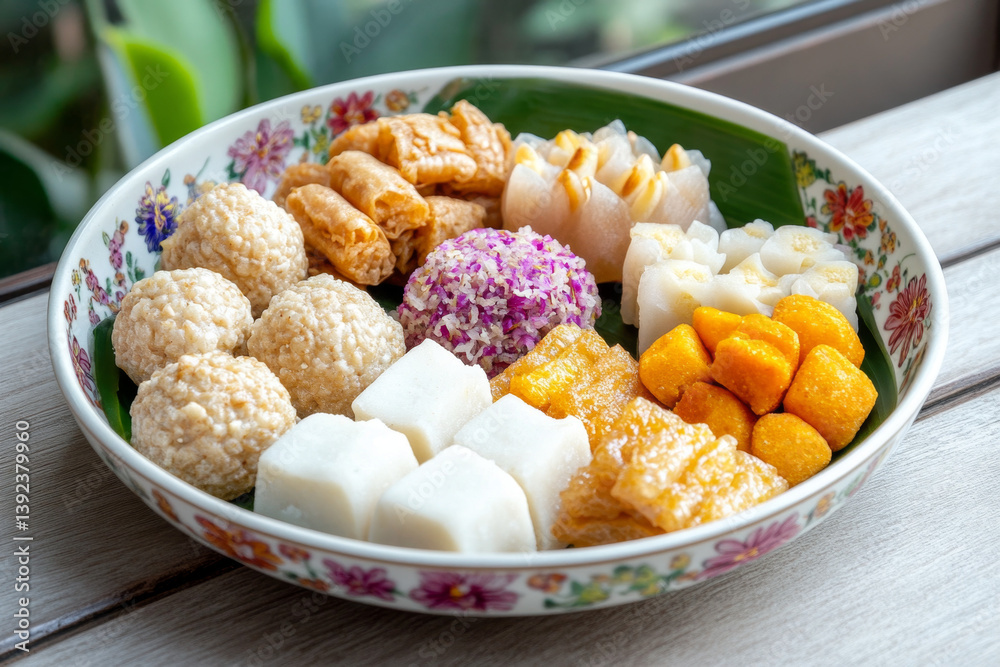 Assorted Delicious Asian Sweet Treats on Display in a Floral Bowl
